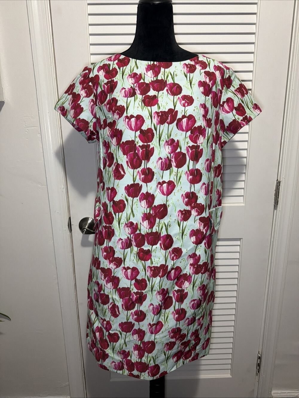 Leggiadro Cap Sleeve Tulip Themed Shift Dress - Pink/Teal - Sz 14